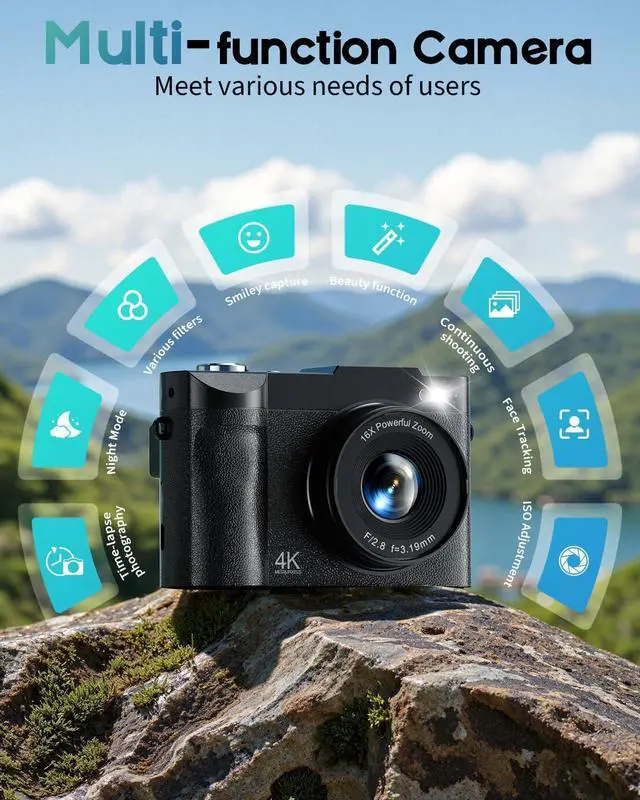 Alt view image 4 of 7 - 4K Digital Camera for Photography, 50MP Vlogging Camera for YouTube, Compact Cameras with 2.8" 180° Flip Screen, 16X Digital Zoom, Point and Shoot Camera with 32GB SD for Beginners, Travel, Family