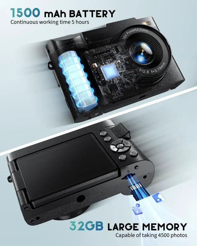 Alt view image 6 of 7 - 4K Digital Camera for Photography, 50MP Vlogging Camera for YouTube, Compact Cameras with 2.8" 180° Flip Screen, 16X Digital Zoom, Point and Shoot Camera with 32GB SD for Beginners, Travel, Family