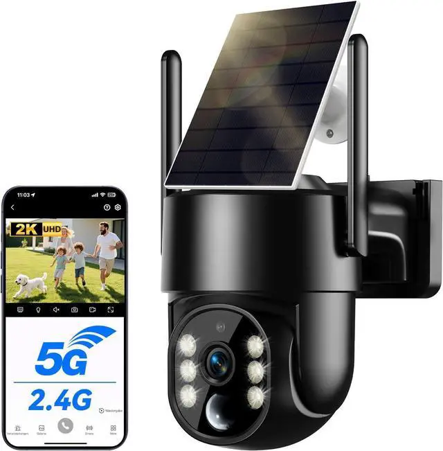 Main image of Solar Camera Outdoor Wireless, 2K Solar Security Cameras Wireless Outdoor, Battery Powered Wire-Free 5G WiFi Camera, 360° View PTZ, AI Human Detection, Siren Alarm, Color Night Vision, Work with Alexa