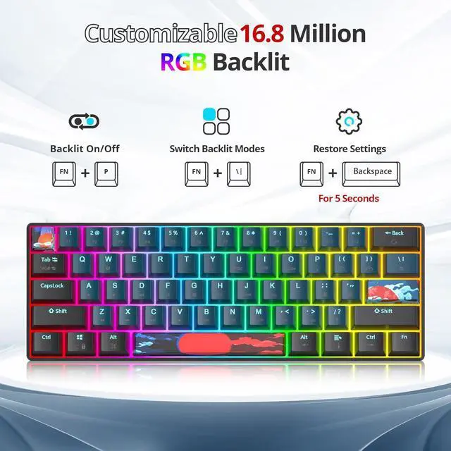 Alt view image 4 of 7 - 60% Mechanical Gaming Keyboard - RGB, Red Switch, Wired, Compact, 61 Keys for Windows, PS4/5, Xbox
