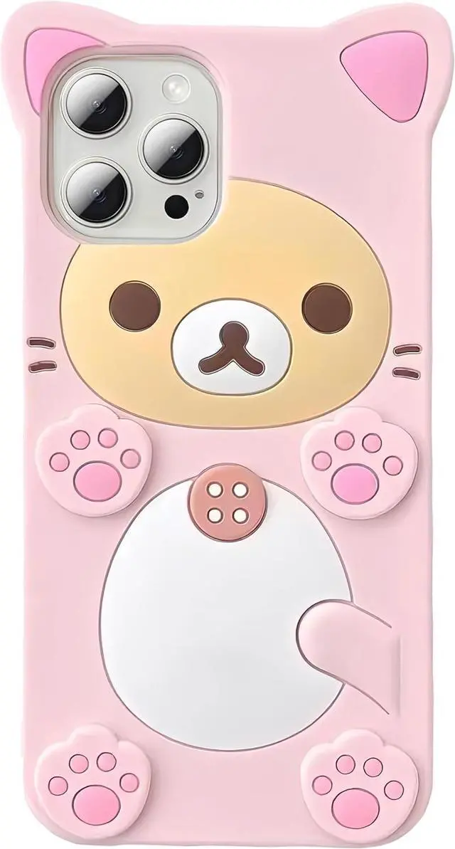 Main image of 3D Cute Cartoon Bear Phone Case for iPhone 14 Pro Max - Fashionable and Stylish - Funny Pink Bear Design - Soft TPU Protective Case - Kawaii Silicone Cover for Women, Girls, and Kids