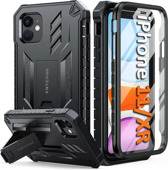 Main image of FNTCASE for iPhone 11 Phone Case: for iPhone XR case with Kickstand Shockproof Military Grade Protective Cover - Dual Layer Full Protection Sturdy Matte Textured Drop Proof - 6.1 Inch Black