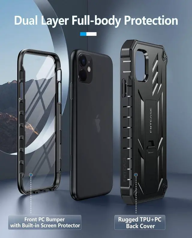 Alt view image 7 of 7 - FNTCASE for iPhone 11 Phone Case: for iPhone XR case with Kickstand Shockproof Military Grade Protective Cover - Dual Layer Full Protection Sturdy Matte Textured Drop Proof - 6.1 Inch Black