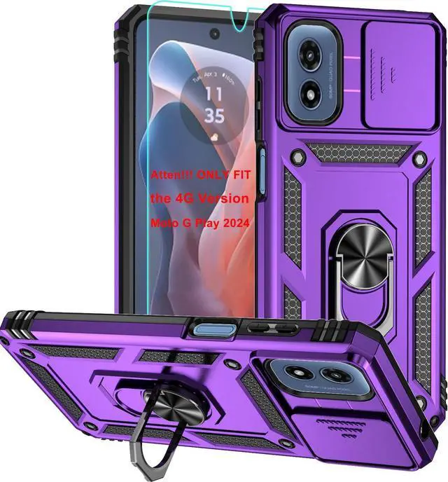 Main image of For Moto G Play 2024 Case, Soft Silicone Rubber Bumper Hard Plastic Phone Case with [Sliding Camera Lens Cover] [360° Rotatable Kickstand Ring] [HD Screen Protector] for Motorola G Play 2024 4G Purple