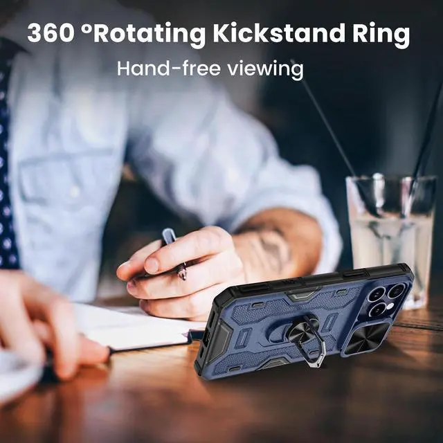 Alt view image 4 of 7 - VEGO Kickstand Case for iPhone 15 ProMax, with Slide Camera Cover & Built-in 360° Rotate Ring Stand Magnetic Shockproof Cover for iPhone 15 Pro Max 6.7" 2023 - Blue