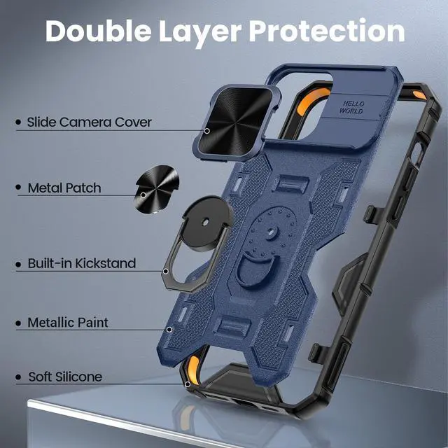 Alt view image 6 of 7 - VEGO Kickstand Case for iPhone 15 ProMax, with Slide Camera Cover & Built-in 360° Rotate Ring Stand Magnetic Shockproof Cover for iPhone 15 Pro Max 6.7" 2023 - Blue