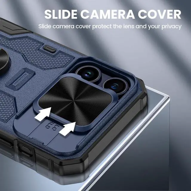 Alt view image 3 of 7 - VEGO Kickstand Case for iPhone 15 ProMax, with Slide Camera Cover & Built-in 360° Rotate Ring Stand Magnetic Shockproof Cover for iPhone 15 Pro Max 6.7" 2023 - Blue