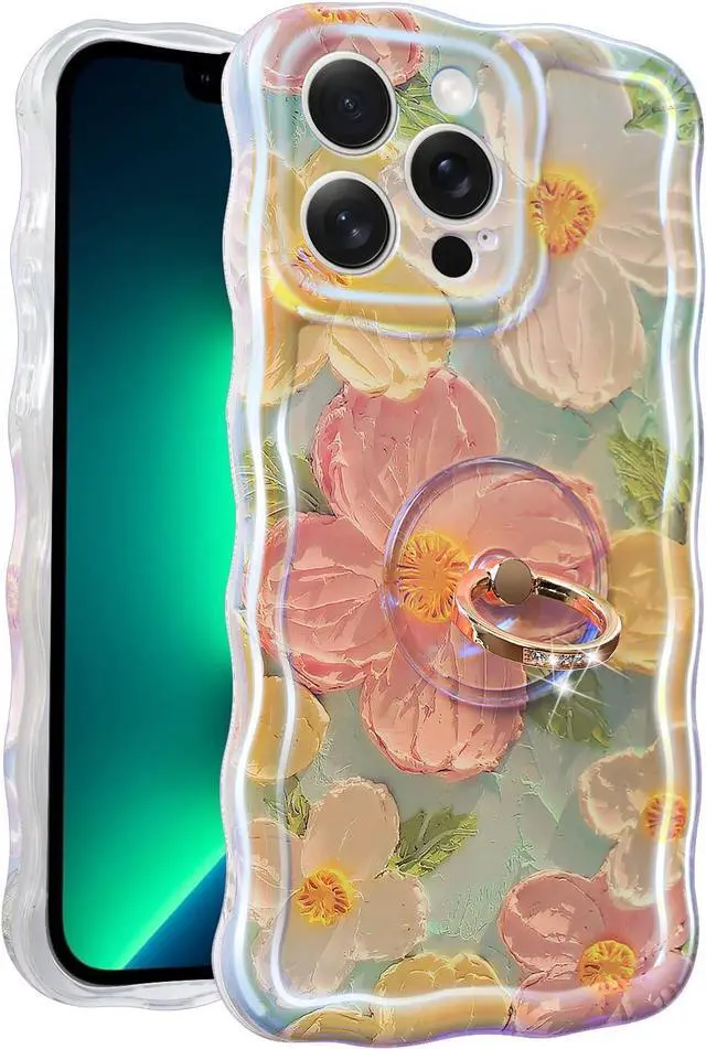 Main image of Miss Arts Case for iPhone 13 Pro - Colorful Retro Oil Printed Flower Laser Glossy Pattern Cute Curly Wave Edge Phone Cover with Ring Holder - Stylish Durable TPU Protective for Girl Women - Green
