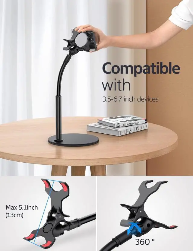 Alt view image 2 of 7 - Cell Phone Stand, Adjustable Phone Holder for Desk, Gooseneck Flexible Arm Universal Phone Stand, Thick Case Aluminum Alloy Desktop Phone Holder Compatible with 3.5"-6.5" Device (Black)