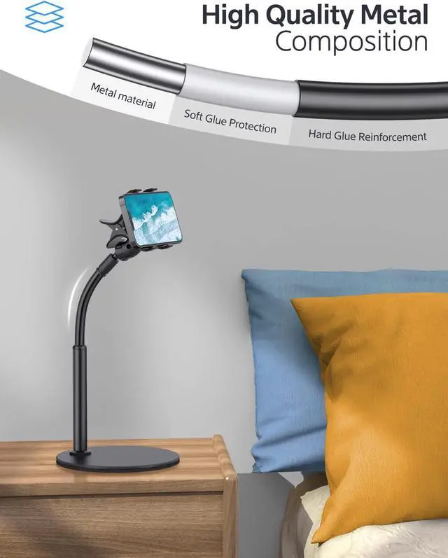 Alt view image 3 of 7 - Cell Phone Stand, Adjustable Phone Holder for Desk, Gooseneck Flexible Arm Universal Phone Stand, Thick Case Aluminum Alloy Desktop Phone Holder Compatible with 3.5"-6.5" Device (Black)