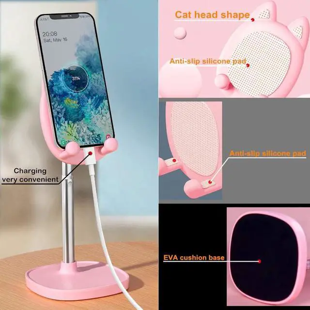 Alt view image 4 of 6 - Cute Cat Phone Stand, Cat Head Cell Phone Holder for Desk,Angle&Height Adjustable Compatible with All Smartphone,iPhone,Samsung,Tablet,iPad-Pink