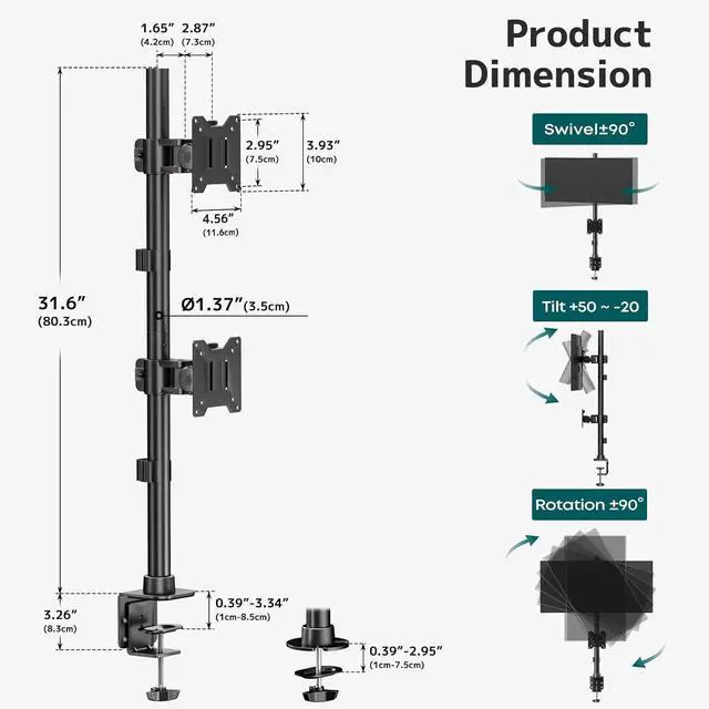 Alt view image 4 of 7 - Dual Vertically Stacked Ultrawide Monitor Desk Mount 17-49 Inch - Extra Tall Heavy Duty Adjustable Monitor Arm for 2 monitores,Weight 2-20 kg per Arm,VESA 75/100 mm