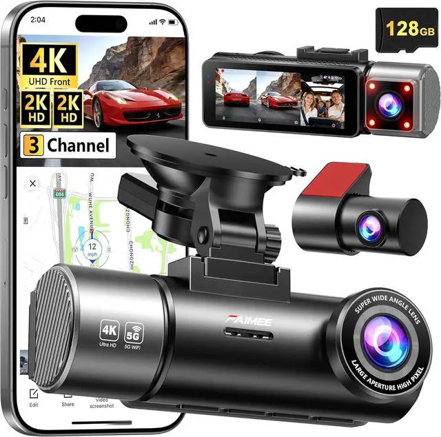Main image of 4K+2K+2K 3 Channel Dash Cam Front and Rear, 128GB Card Included, Dash Camera for Cars 5.8G/2.4G Dual Wifi, Built-in GPS, Night Vision, WDR, 170°Wide Angle, G-Sensor Emergency Lock, 24H Parking Monitor