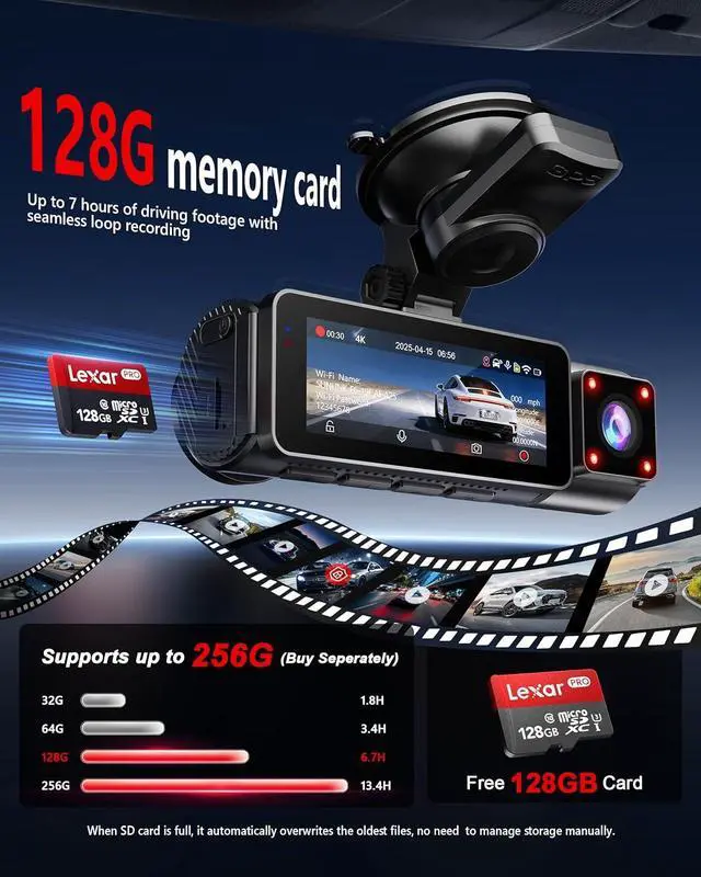 Alt view image 4 of 7 - 4K+2K+2K 3 Channel Dash Cam Front and Rear, 128GB Card Included, Dash Camera for Cars 5.8G/2.4G Dual Wifi, Built-in GPS, Night Vision, WDR, 170°Wide Angle, G-Sensor Emergency Lock, 24H Parking Monitor