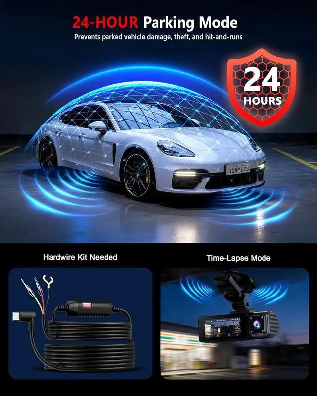 Alt view image 5 of 7 - 4K+2K+2K 3 Channel Dash Cam Front and Rear, 128GB Card Included, Dash Camera for Cars 5.8G/2.4G Dual Wifi, Built-in GPS, Night Vision, WDR, 170°Wide Angle, G-Sensor Emergency Lock, 24H Parking Monitor