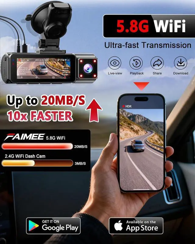 Alt view image 6 of 7 - 4K+2K+2K 3 Channel Dash Cam Front and Rear, 128GB Card Included, Dash Camera for Cars 5.8G/2.4G Dual Wifi, Built-in GPS, Night Vision, WDR, 170°Wide Angle, G-Sensor Emergency Lock, 24H Parking Monitor