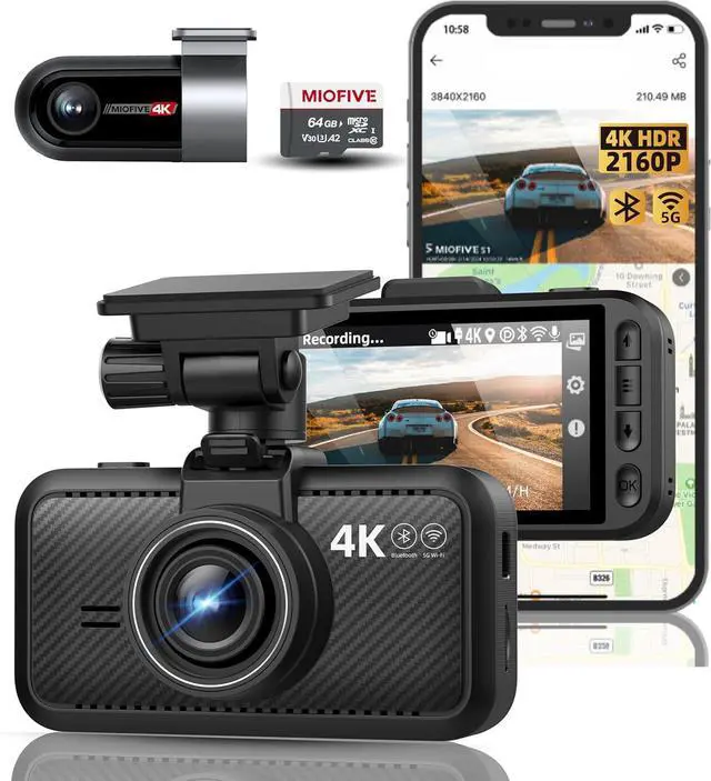 Main image of Miofive Dash Cam Car Front Rear 4K+4K WiFi Bluetooth Dash Cam with 64GB SD Card, Dual Car Camera with Parking Monitoring, Super Night Vision, HDR, G-Sensor, Loop Recording, App Control, Max 512GB