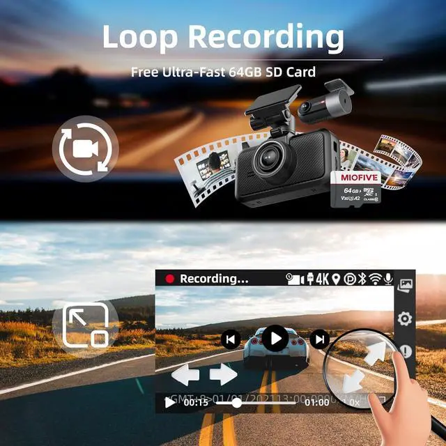 Alt view image 7 of 7 - Miofive Dash Cam Car Front Rear 4K+4K WiFi Bluetooth Dash Cam with 64GB SD Card, Dual Car Camera with Parking Monitoring, Super Night Vision, HDR, G-Sensor, Loop Recording, App Control, Max 512GB
