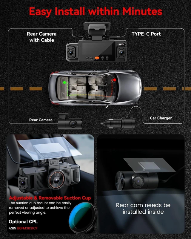 Alt view image 7 of 7 - IIWEY N6 360° Dash Cam 4 Channel, Free 128GB Card, 8 IR Lights Night Vision
