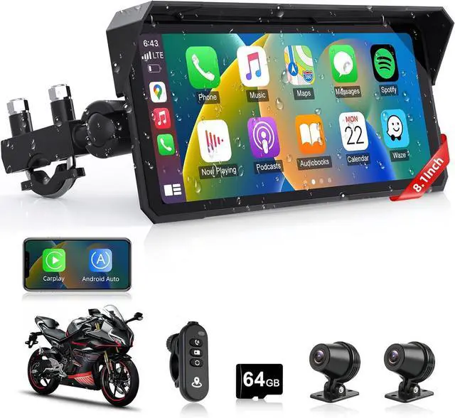 Main image of 8.1 Inch 4K Motorcycle CarPlay Screen w 4K Dash Cam Wireless Carplay Android Auto Screen for Motorcycle with GPS Navigation Voice Control WiFi Video Dual Bluetooth IPX7 Waterproof TF-64G Wired Control