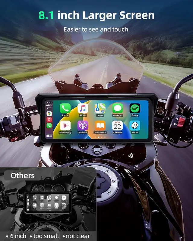 Alt view image 4 of 7 - 8.1 Inch 4K Motorcycle CarPlay Screen w 4K Dash Cam Wireless Carplay Android Auto Screen for Motorcycle with GPS Navigation Voice Control WiFi Video Dual Bluetooth IPX7 Waterproof TF-64G Wired Control