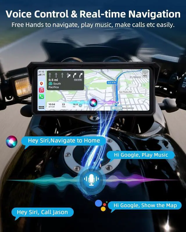 Alt view image 3 of 7 - 8.1 Inch 4K Motorcycle CarPlay Screen w 4K Dash Cam Wireless Carplay Android Auto Screen for Motorcycle with GPS Navigation Voice Control WiFi Video Dual Bluetooth IPX7 Waterproof TF-64G Wired Control