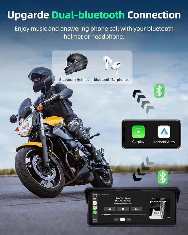 Alt view image 5 of 7 - 8.1 Inch 4K Motorcycle CarPlay Screen w 4K Dash Cam Wireless Carplay Android Auto Screen for Motorcycle with GPS Navigation Voice Control WiFi Video Dual Bluetooth IPX7 Waterproof TF-64G Wired Control