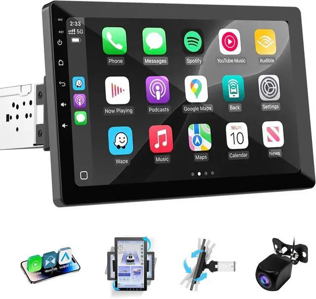 Main image of 10.1 inch Single Din Car Stereo, Rotatable Touch Screen Radio with Wireless Apple CarPlay & Android Auto, Backup Camera, Mirror Link, SWC, GPS, Voice Control, Bluetooth, WiFi