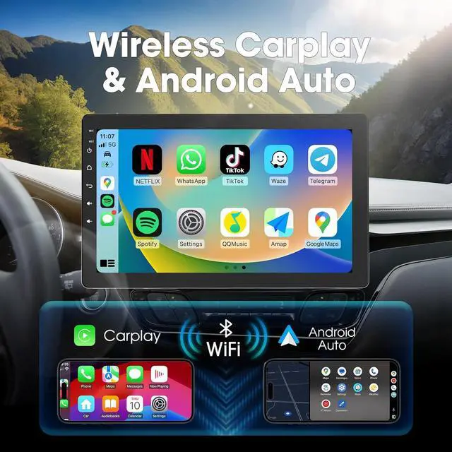 Alt view image 3 of 7 - 10.1 inch Single Din Car Stereo, Rotatable Touch Screen Radio with Wireless Apple CarPlay & Android Auto, Backup Camera, Mirror Link, SWC, GPS, Voice Control, Bluetooth, WiFi