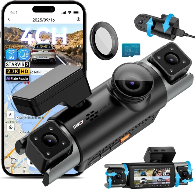 Main image of IIWEY 4 Channel Dash Cam 360° View, STARVIS 2 Front 2.7K Rear 2K Inside 1080P x2, 8IR LEDs Night Vision 3.0, PlateTag AI for Plate Clarity, 5GHz WiFi GPS, Voice Control, 24/7 Parking Mode, 128GB Card
