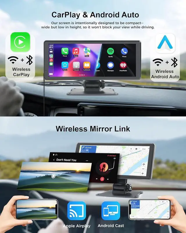 Alt view image 2 of 7 - Portable Apple Carplay Screen - 8.1" Wireless Android Auto Touchscreen Car Stereo with 4K Dash Cam & 1080P Backup Camera, Mirror Link/Bluetooth/GPS Navigation for Older Cars, Truck All Vehicle