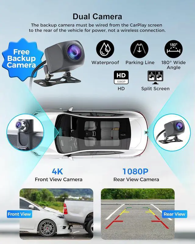 Alt view image 4 of 7 - Portable Apple Carplay Screen - 8.1" Wireless Android Auto Touchscreen Car Stereo with 4K Dash Cam & 1080P Backup Camera, Mirror Link/Bluetooth/GPS Navigation for Older Cars, Truck All Vehicle