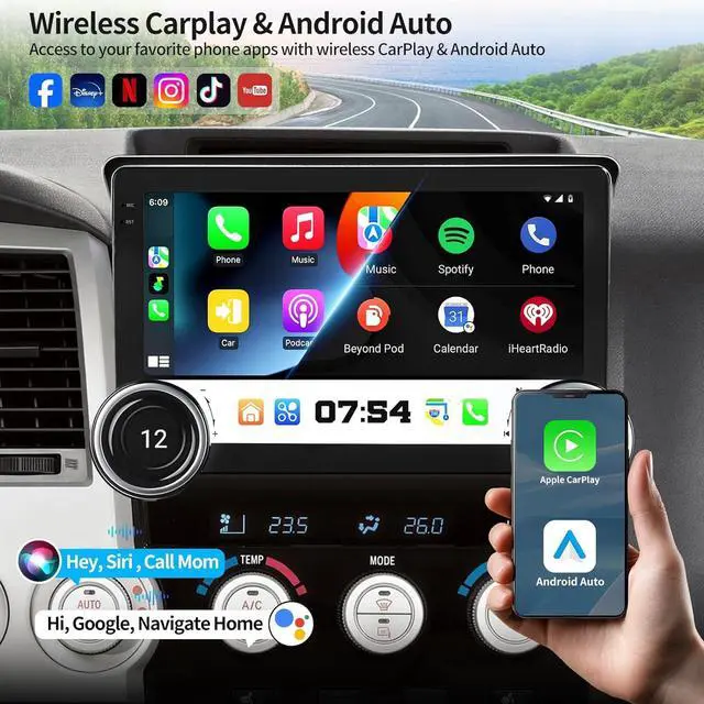 Alt view image 4 of 7 - 8Core+64G Car Radio for Toyota Tundra 2007-2013 Sequoia 2008-2018 Radio Upgrade with Wireless CarPlay Android Auto 10.1 inch Touchscreen Support GPS Navigation SWC Backup Camera
