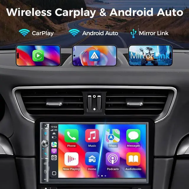Alt view image 2 of 7 - 7" Double Din Car Stereo, Wireless Carplay & Android Auto, Touchscreen, Bluetooth, 240W, Backup Camera, Car Radio Receiver, SWC, Subwoofer Output, FM/AM, Mirror Link