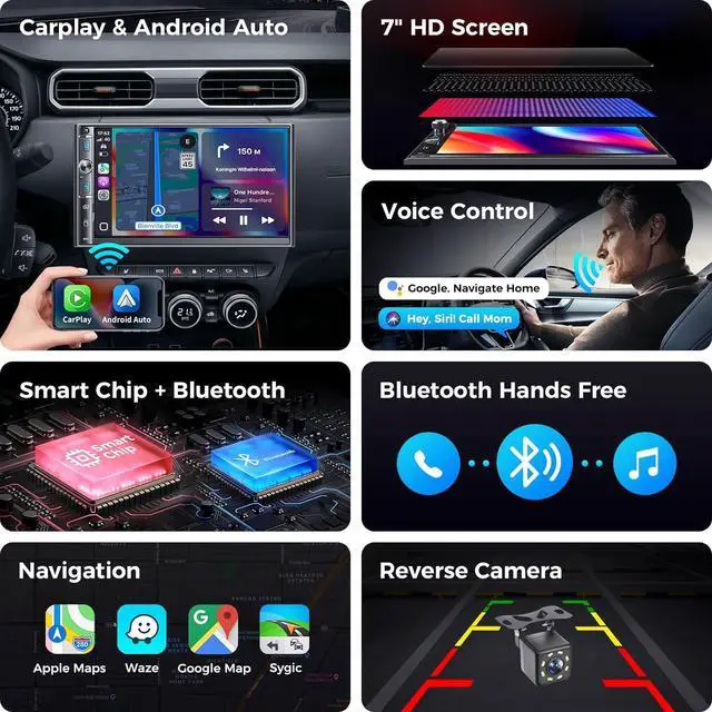 Alt view image 3 of 7 - 7" Double Din Car Stereo, Wireless Carplay & Android Auto, Touchscreen, Bluetooth, 240W, Backup Camera, Car Radio Receiver, SWC, Subwoofer Output, FM/AM, Mirror Link