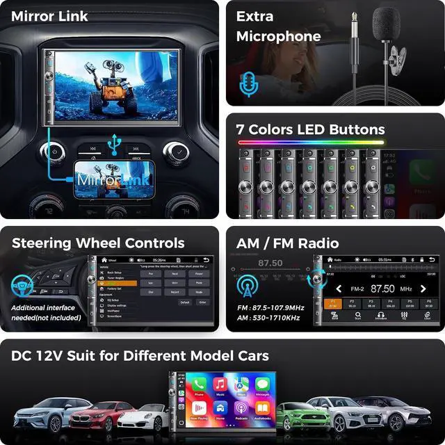 Alt view image 5 of 7 - 7" Double Din Car Stereo, Wireless Carplay & Android Auto, Touchscreen, Bluetooth, 240W, Backup Camera, Car Radio Receiver, SWC, Subwoofer Output, FM/AM, Mirror Link