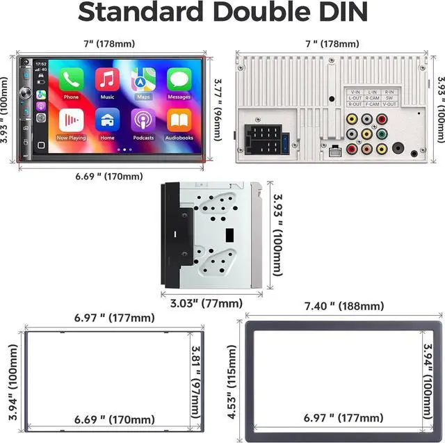 Alt view image 7 of 7 - 7" Double Din Car Stereo, Wireless Carplay & Android Auto, Touchscreen, Bluetooth, 240W, Backup Camera, Car Radio Receiver, SWC, Subwoofer Output, FM/AM, Mirror Link
