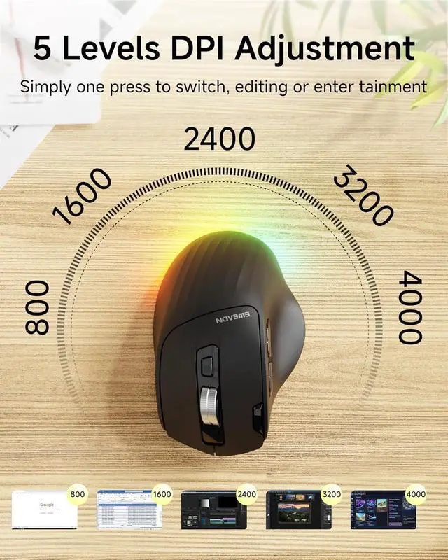 Alt view image 6 of 7 - EWEADN C2 Ergonomic Wireless Mouse, Rechargeable Bluetooth & 2.4G Dual Mode Computer Mouse with RGB, Quiet Clicks, 5 Adjustable 4000 DPI, Comfortable Grip for Laptop, PC, Mac, Office - Black