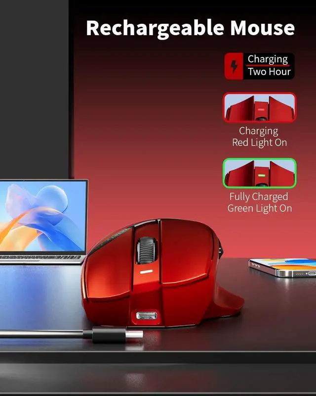 Alt view image 5 of 6 - Uciefy Z07 Bluetooth Wireless Mouse, Dual Mode (2.4G+BT5.1) Bluetooth Mouse, USB C Rechargeable with Charging Indicator, Ergonomic Computer Mice for Laptop/PC/Mac/iPad-Red