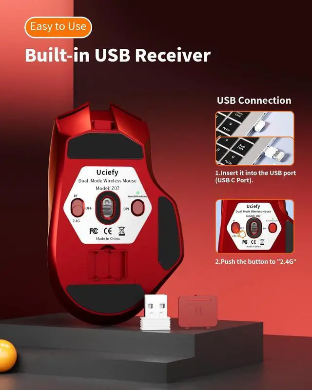 Alt view image 6 of 6 - Uciefy Z07 Bluetooth Wireless Mouse, Dual Mode (2.4G+BT5.1) Bluetooth Mouse, USB C Rechargeable with Charging Indicator, Ergonomic Computer Mice for Laptop/PC/Mac/iPad-Red