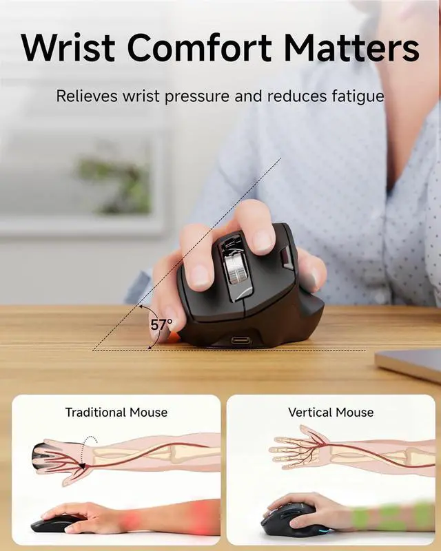 Alt view image 2 of 7 - EWEADN C2 Ergonomic Wireless Mouse, Rechargeable Bluetooth & 2.4G Dual Mode Computer Mouse with RGB, Quiet Clicks, 5 Adjustable 4000 DPI, Comfortable Grip for Laptop, PC, Mac, Office - Black