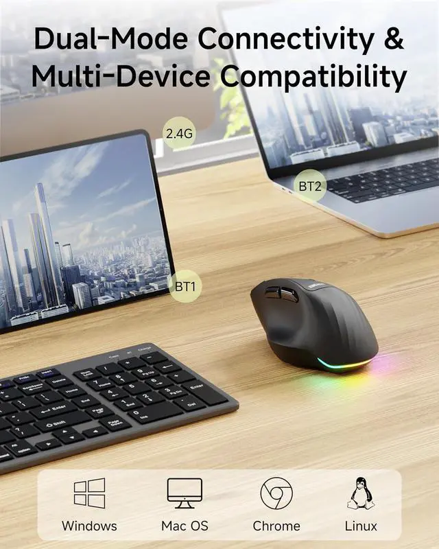 Alt view image 3 of 7 - EWEADN C2 Ergonomic Wireless Mouse, Rechargeable Bluetooth & 2.4G Dual Mode Computer Mouse with RGB, Quiet Clicks, 5 Adjustable 4000 DPI, Comfortable Grip for Laptop, PC, Mac, Office - Black