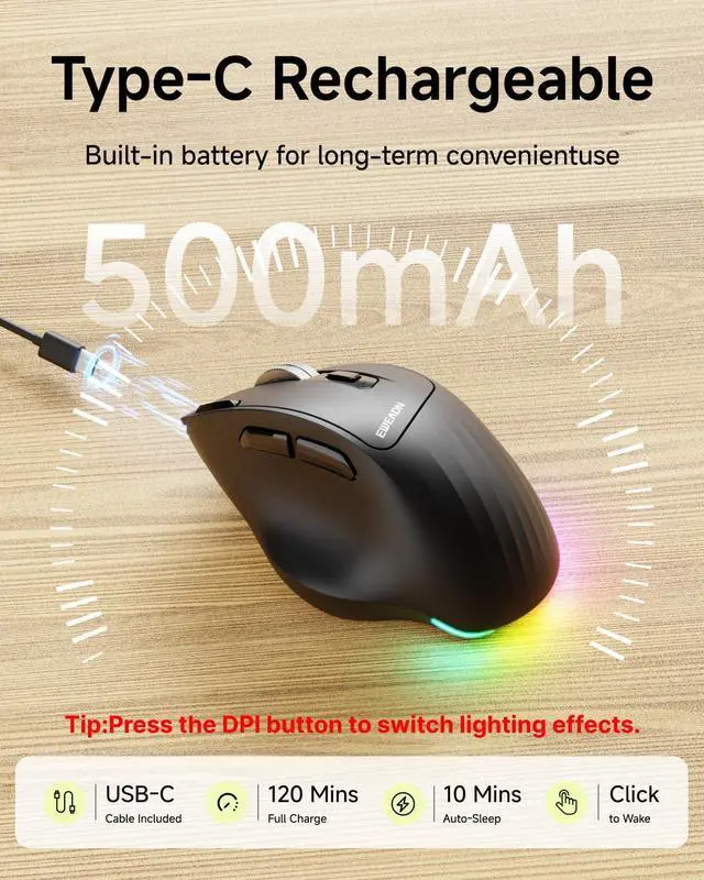 Alt view image 5 of 7 - EWEADN C2 Ergonomic Wireless Mouse, Rechargeable Bluetooth & 2.4G Dual Mode Computer Mouse with RGB, Quiet Clicks, 5 Adjustable 4000 DPI, Comfortable Grip for Laptop, PC, Mac, Office - Black