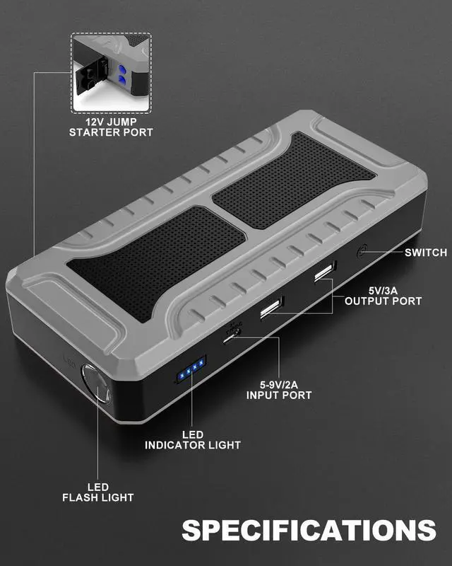 Alt view image 5 of 6 - Car Jump Starter, 4000A Peak Battery Jump Starter (for All Gas or Up to 10L Diesel), Portable Battery Booster Power Pack, 12V Auto Jump Box with LED Light,Power Bank, USB Quick Charge