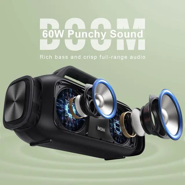 Alt view image 2 of 7 - DOSS Extreme Boom Outdoor Bluetooth Speaker with 60W Mighty Sound, Deep Bass, 30H Playtime,10400mAh Power Bank, BT 5.3, IPX6 Waterproof, Portable Strap for Camping, Pool, Beach, Garage, Work