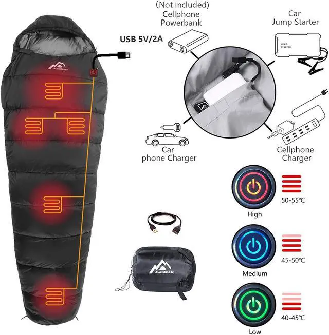 Alt view image 2 of 6 - Heated Sleeping Bag 5pcs Multi USB Power Support Heating Pads,Operated with Battery Power Bank or Other USB Power Supplies, Portable Compact Bag, Mummy Style.