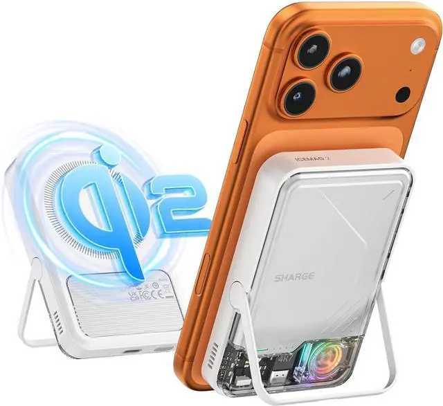 Main image of sharge ICEMAG 2 MagSafe Power Bank, 15W Qi2 Magnetic Portable Charger with Active Cooling 10000mAh Battery Pack with Foldable Stand Transparent, Design for iPhone 17/16/15/14 Series