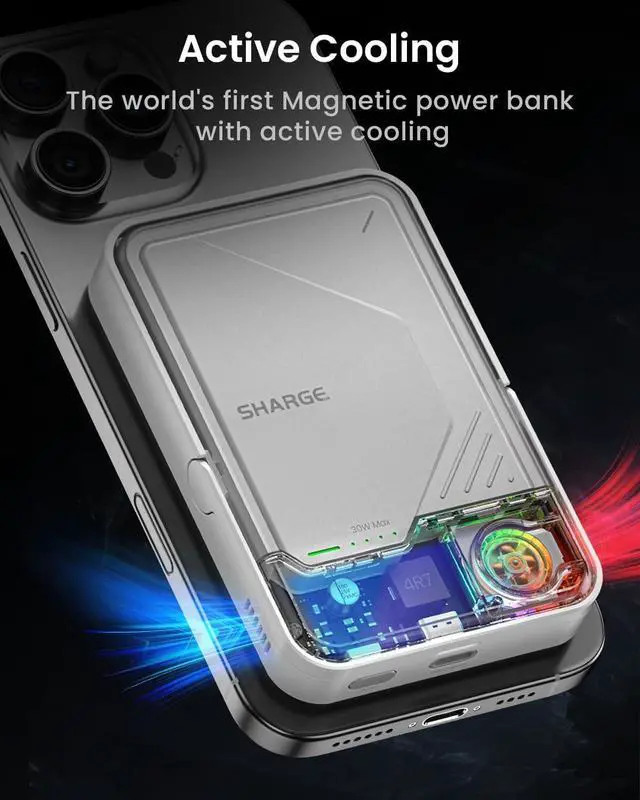 Alt view image 5 of 7 - sharge ICEMAG 2 MagSafe Power Bank, 15W Qi2 Magnetic Portable Charger with Active Cooling 10000mAh Battery Pack with Foldable Stand Transparent, Design for iPhone 17/16/15/14 Series
