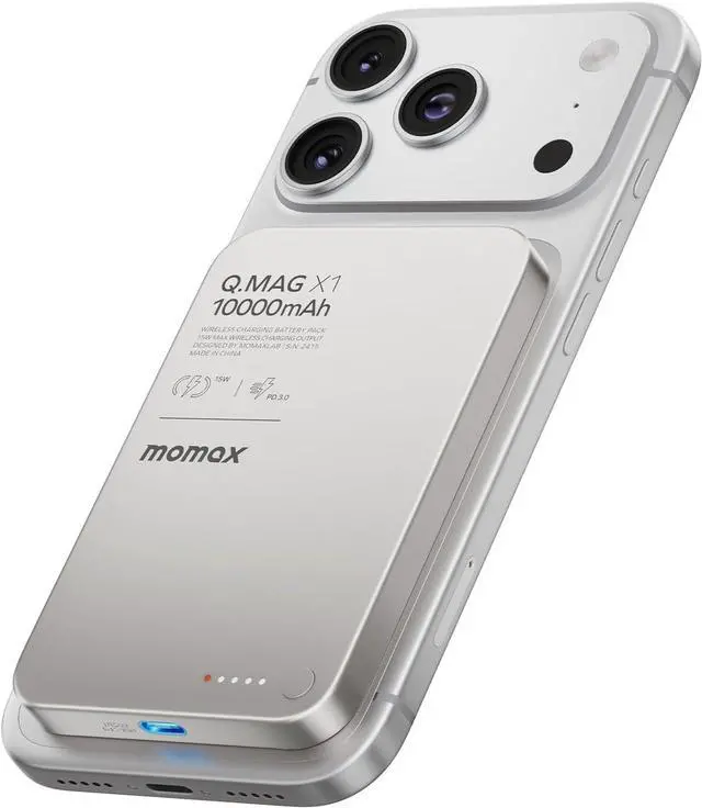 Main image of MOMAX Magnetic Wireless Power Bank 10000mAh, Ultra-Slim 0.5" MagSafe-Compatible Portable Charger, 20W USB-C PD Fast Charging, Battery Pack for iPhone 17/16/15/14/13/12 Series(Titanium)