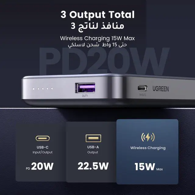 Alt view image 3 of 7 - UGREEN Wireless Magnetic External Battery 10000mAh USB C USB A Fast Charge PD QC 3.0 20W Power Bank Induction Qi 15W Max Compatible with iPhone 15 Plus Pro Max iPhone 14 13 12 Pro Max MagSafe